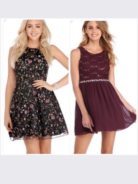 2 Windsor Black Floral Cocktail Prom Party Dress | Burgundy Sequin Chiffon Dress